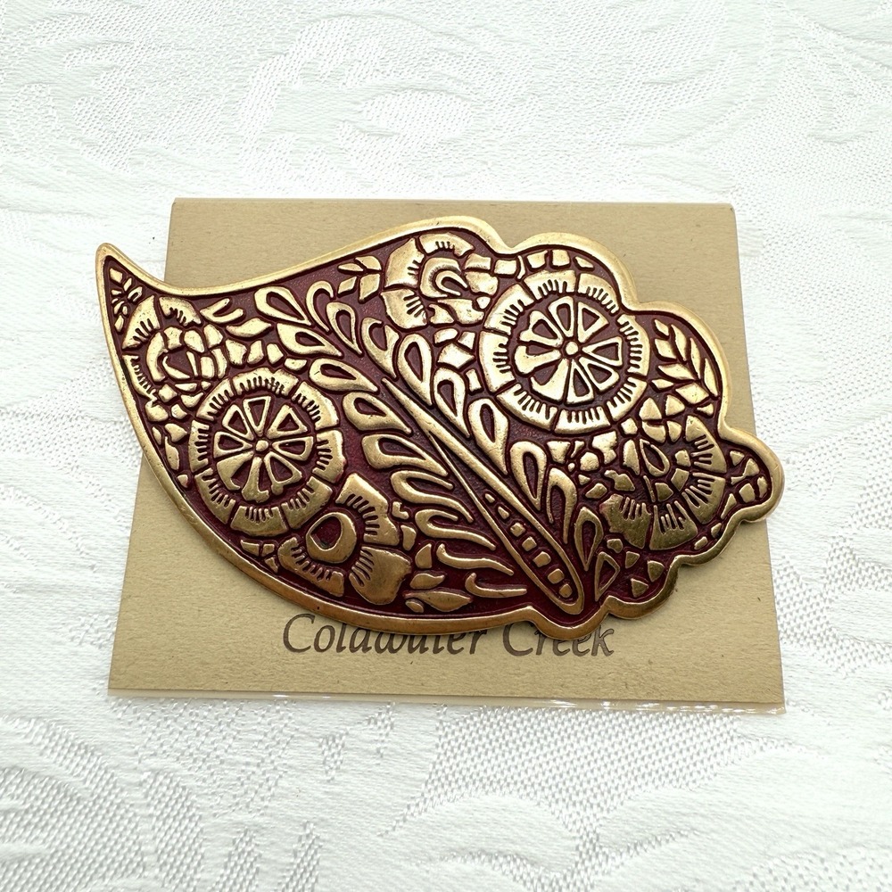 Coldwater Creek NOS Gold Tone Red Burgundy Paisley Statement Pin Brooch